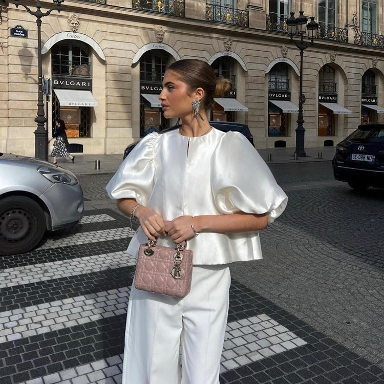 Satin Puff Sleeve Short Top Loose White Shirt