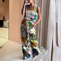 Printed Wide-Leg Pants+Vest Casual Fashion Two-Piece Set