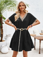 VCollar Lace Belt Waist Trimming Casual Dress