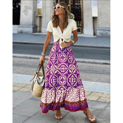 Printed Loose Stitching Large Swing Skirt for Women