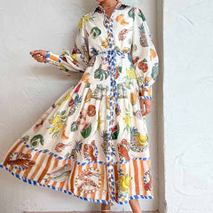 Lantern Sleeve Printed Long Lapel and Waist Tight Long Sleeve Dress