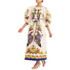 Printed Peacock 3/4 Sleeve round Neck Dress