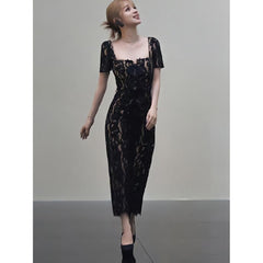 Black Lace Waist-Tight Elegant Dress