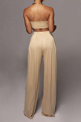 Tie Knot Front Ruched Tube Top And Pleated Wide Leg Pants