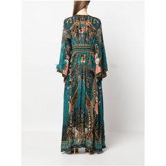 VCollar Bell Sleeve Elegant Holiday Floral Print Long Dress