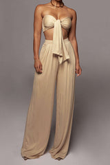 Tie Knot Front Ruched Tube Top And Pleated Wide Leg Pants