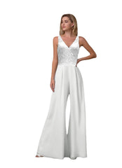 VCollar Mid-Waist Sleeveless White Chiffon Trousers Wide-Leg Pants