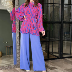 Pleated Graceful Puff Sleeve Shirt High Waist Wide Leg Pants Suit