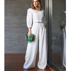 Short Long Sleeve Top High Waist Wide Leg Pants Two-Piece Set