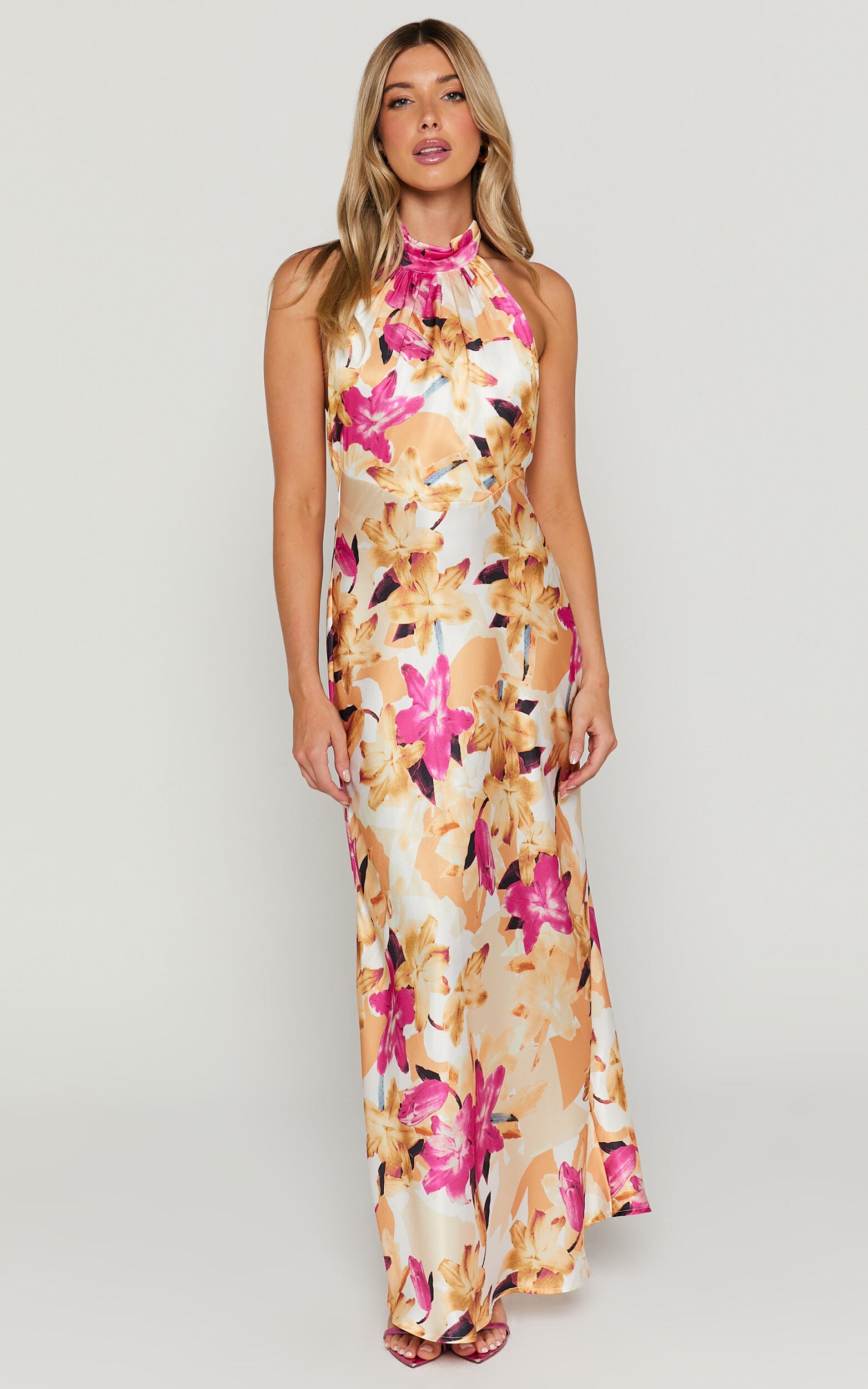 CYRA MAXI DRESS - HALTER NECK SATIN BIAS MAXI DRESS IN FLORAL