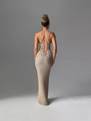 Backless Hollow out Tied Knitted Sling Sheath Dress