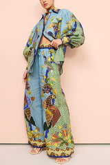 Printed Puff Sleeve Holiday Tether Two-Piece Suit