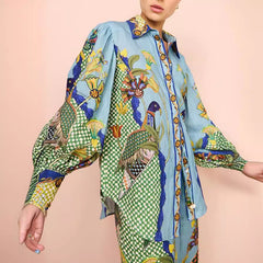 Printed Puff Sleeve Holiday Tether Two-Piece Suit