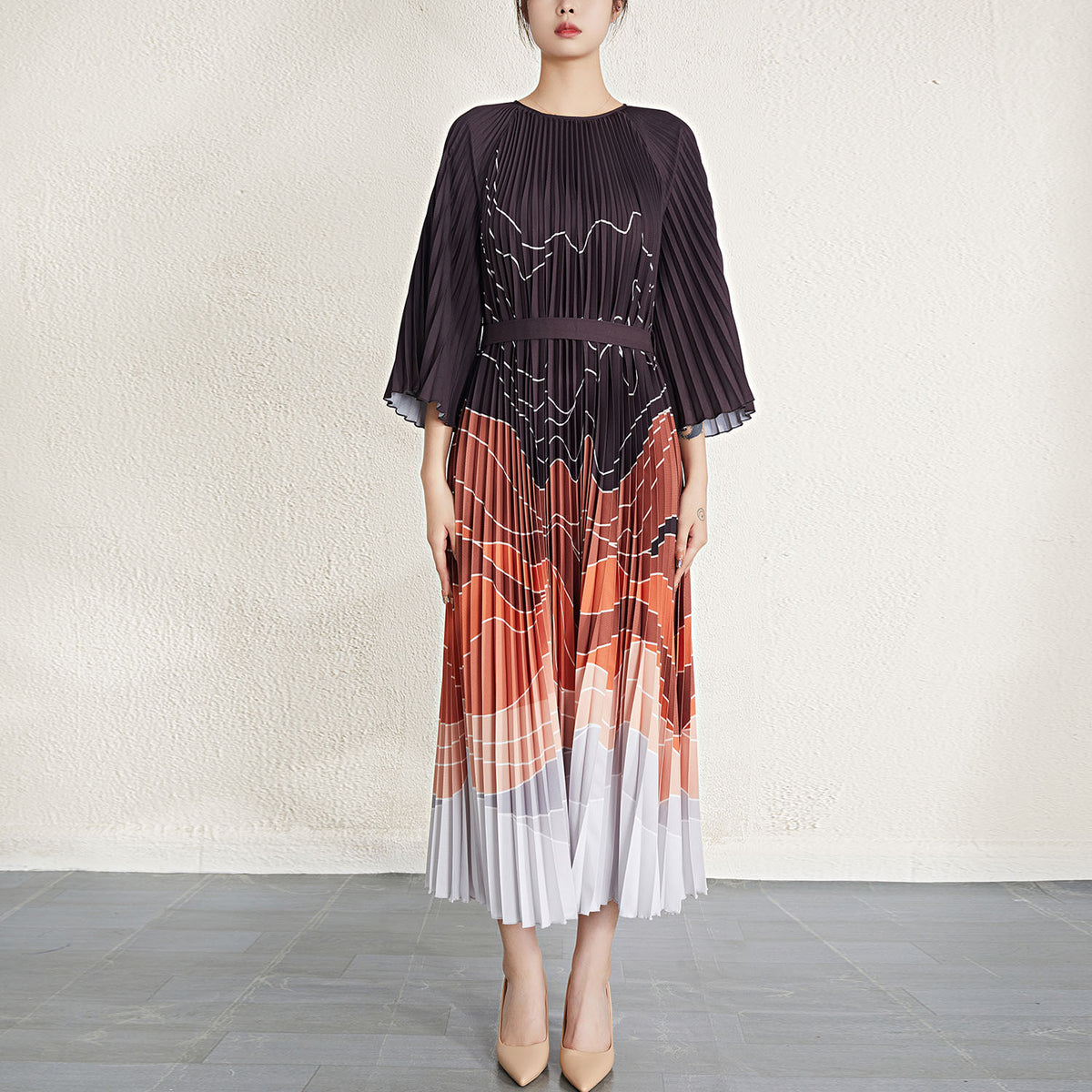 Pleated Oversized Loose-Fitting Pattern Print Organ Pleated Long Sleeve Dress