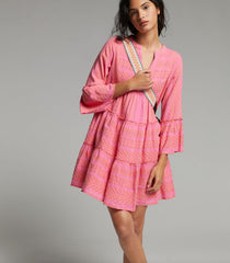 Printed Stitching Geometric Pattern Bell Sleeve Dress