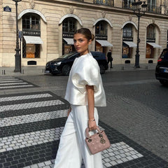 Satin Puff Sleeve Short Top Loose White Shirt