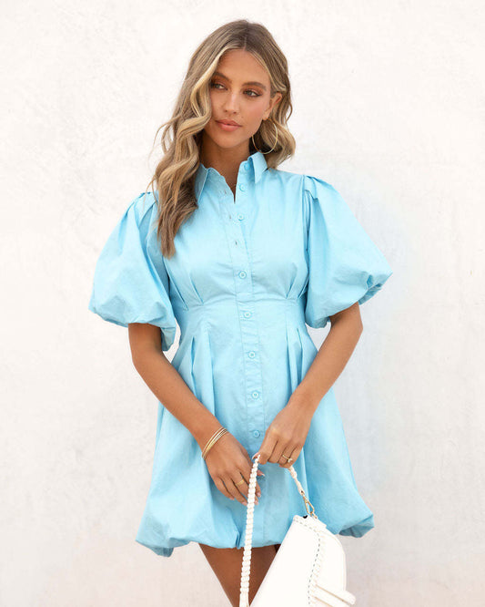 Puff Short Sleeve Waist Trimming Shirt Dress