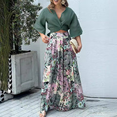 Cropped button-down top and floral wide-leg trousers set