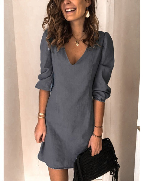 Solid ColorVCollar Denim Dress