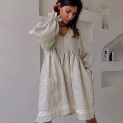 Cotton and LinenVCollar Lantern Sleeve Loose Dress