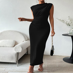 Padded Shoulder Pleated Waist-Slimming Sleeveless Long Black Dress