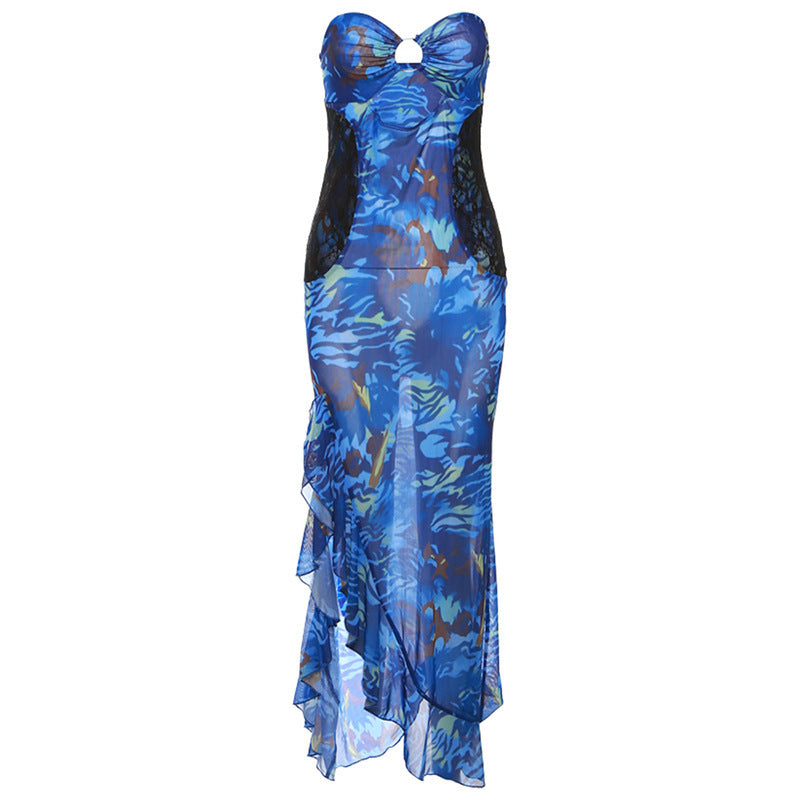 Bandeau Sexy Sheer Mesh Floral Print Slit Dress Women