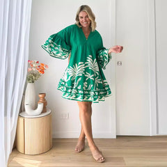 VCollar Printed Bell Sleeve Loose Short Dress