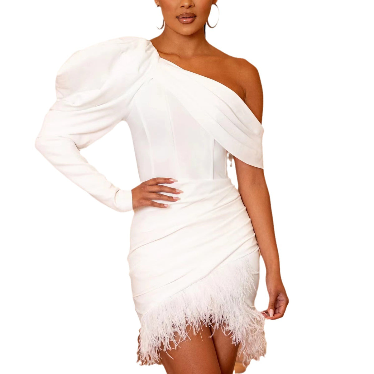 Irregular Shoulder Skirt Feather Pleated Dress