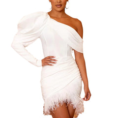 Irregular Shoulder Skirt Feather Pleated Dress