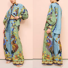 Printed Puff Sleeve Holiday Tether Two-Piece Suit