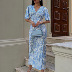 Short Sleeve Satin Draping Backless Printed Maxi Dress