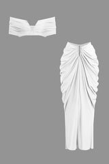 V-neck Ruched Top And V-shape Cut Waist Maxi Skirt Set