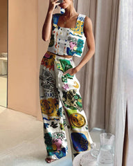 Printed Wide-Leg Pants+Vest Casual Fashion Two-Piece Set