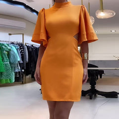 round-Neck Flared Sleeves Backless Lace up Slim Fit Sheath Dress