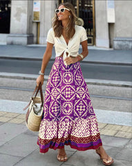 Printed Loose Stitching Large Swing Skirt for Women