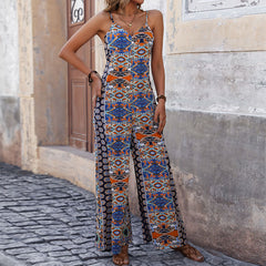 Suspender Wide-Leg Ethnic Style Jumpsuit