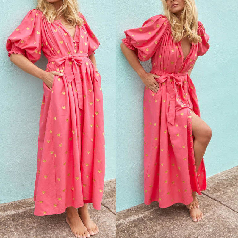 Oversized Loose-Fitting Pattern Print Cardigan Short Sleeve Maxi Dress