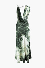 Tie Dye Asymmetric Cowl Neck Satin Maxi Dress