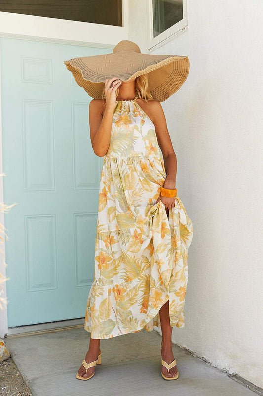 Ely Printed Sunflower Halterneck Backless Maxi Dress