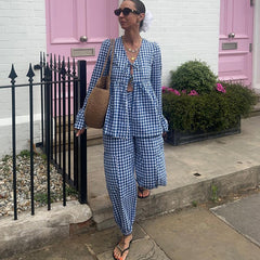 Casual Lace-up Long-Sleeved Top and Ankle-Tied Pants Plaid Suit