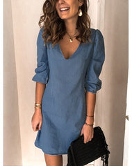 Solid ColorVCollar Denim Dress