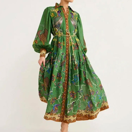 Lantern Sleeve Lace Printing Long Sleeve Dress