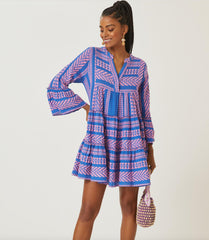 Printed Stitching Geometric Pattern Bell Sleeve Dress