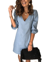 Solid ColorVCollar Denim Dress