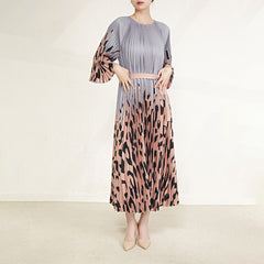 Pleated Oversized Loose-Fitting Pattern Print Organ Pleated Long Sleeve Dress