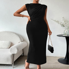 Padded Shoulder Pleated Waist-Slimming Sleeveless Long Black Dress