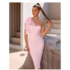 One-Shoulder Mesh Bow Bandage One-Piece Dress