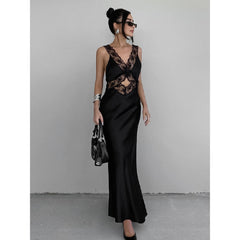 Black Lace Stitching Suspender Dress