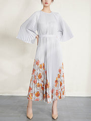 Pleated Oversized Loose-Fitting Pattern Print Organ Pleated Long Sleeve Dress