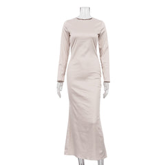 Satin Long Dress round-Neck High Waist Long Sleeve Dress